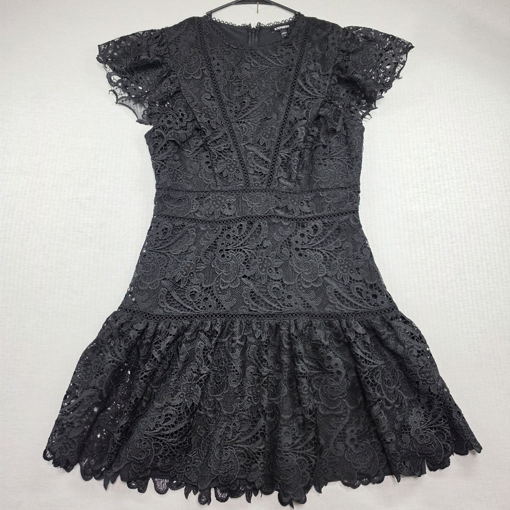 Express Black Floral Lace Overlay Flutter Sleeve Mini Dress Size M Whimsigoth